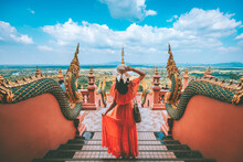 Traveler Asian Woman With Dress Travel In Temple At Lampang Thailand