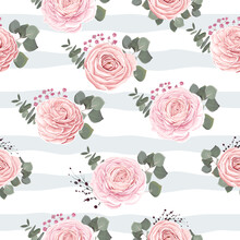 Seamless Vector Floral Pattern. Pink Roses, Eucalyptus, Green Plants And Leaves. Flowers On Gray Stripes 