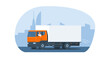 Box truck with a driver rides on the background of an abstract cityscape. Vector illustration.