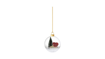 Wall Mural - romantic glossy transparent glass christmas ball with golden wedding rings and big red glass heart o