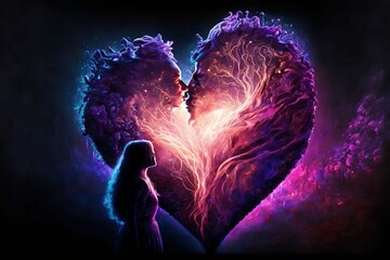 Wall Mural - Drawing of woman looking upon a large heart shape formed by an abstract image of 2 soulmates embracing