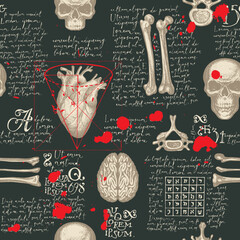 Anatomy seamless pattern with hand-drawn human skulls, bones, joints and organs and handwritten text lorem ipsum and blood stains. Vintage repeating vector background with sketches on medical theme