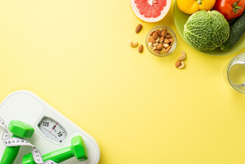 Wall Mural - Diet concept. Top view photo of plate with fruits vegetables cabbage cucumber tomato grapefruit nuts glass of water dumbbells tape measure scales on isolated pastel yellow background with empty space