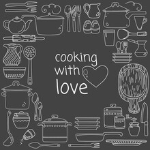 Cooking With Love Concept. Poster With Hand Drawn Kitchen Utensils On Dark Background.