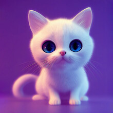 Cute White Little 3d Baby Cat Kitten Sitting On Purple Background