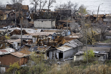 destroyed and burned houses in the city Russia Ukraine war