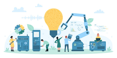 Project development, improvement of ideas and innovations vector illustration. Cartoon tiny people control robot arms to make bright light bulb, work with laboratory equipment, laptop and tools