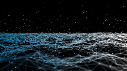 Poster - abstract digital landscape with flowing particles. cyber or technology background