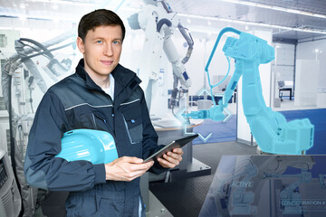 Fototapete - Engineer uses a digital tablet to control robots in a smart factory. Smart industry 4.0 concept