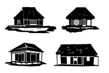 Set Of Silhouette Design. Traditional Japanese House. Rural Dwelling With Thatched Roof. Illustration Vector.