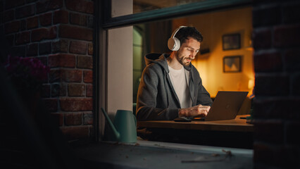 Aufkleber - Professional Software Engineer Working From Home Office. Tired IT Specialist Feeling Sleepy and Finising Important Project. Application Development. View From Outdoors into Window.