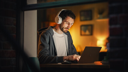 Aufkleber - Professional Software Engineer Working From Stylish Home Office. Tired IT Specialist Feeling Sleepy and Finising Important Project. Application Development Process. View From Outdoors into Window.