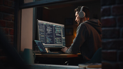 Aufkleber - Professional Software Developer Writing Mock-up Code with Basic Programming Language. Program Engineer. Information Technology Specialist. Remote Work Concept. View From Outdoors into Window.