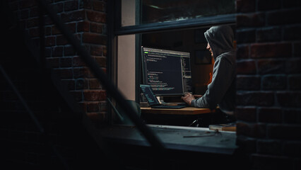 Fototapete - Single-Minded Professional Programmer Obsessively Writing a Code on His Desktop Computer, Late at Night. IT Specialist Ethical Hacker Working on Computer, Finding Software Vulnerabilities