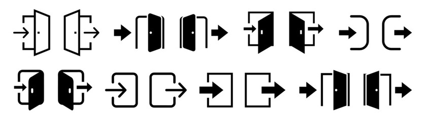 Login and logout icons. Set of sign out, Sign in vector icon. Open and close door symbol. Black exit and enter arrow, vector icon in trendy flat style
