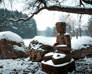 Wall Mural - Stone statue of Buddha under snowfall in the winter season in the forest.