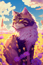 A Large Siberian Cat In A Field Of Yellow Flowers, Detailed Luminous Eyes, Blue Sky, Purple Clouds, Violet Evergarden Art Style
