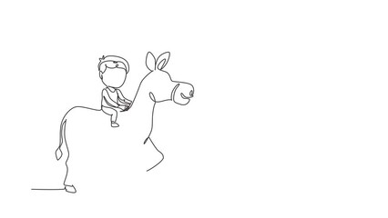 Wall Mural - Animated self drawing of continuous line draw happy cute boy riding cute donkey. Child sitting on back donkey with saddle in ranch park. Kids learning to ride donkey. Full length single line animation