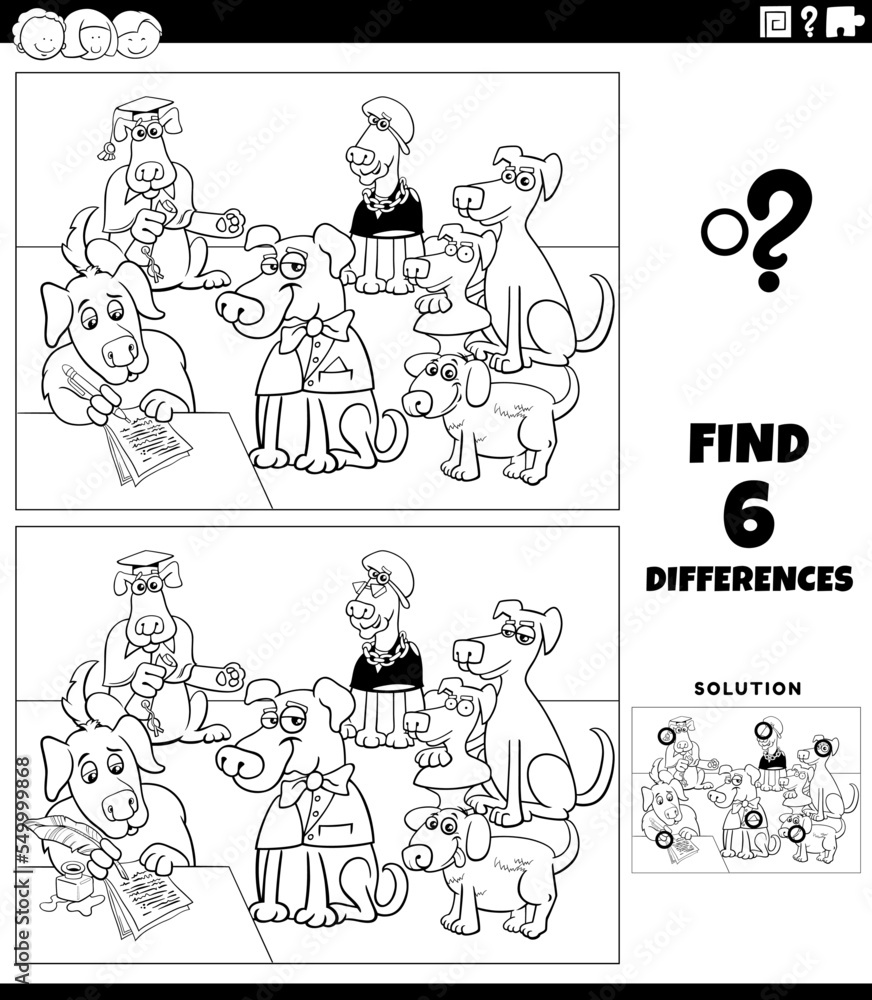 differences game with cartoon dogs coloring page Stock Vector | Adobe Stock