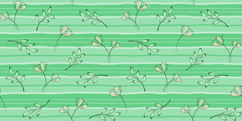  Twigs, branches with leaves and inflorescences on a green striped background. Summer plant and floral endless texture. Vector seamless pattern for surface texture, wrapping paper, packaging, giftwrap