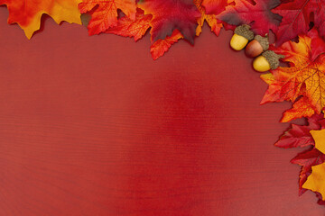 Wall Mural - Fall leaves on wood autumn background
