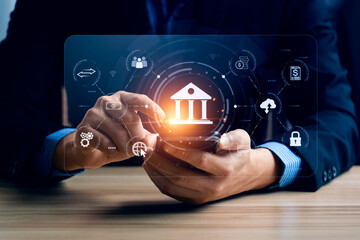 Wall Mural - Businessman using mobile online banking and payments, digital marketing. Financial and banking networking. Customer network connection and online shopping icons cyber security, business technology