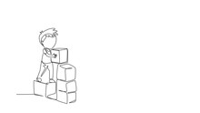 Self Drawing Animation Of Single Line Draw Two Little Boys Playing Blocks Toys. Educational Toys. Children Playing Designer Cubes, Developmental Constructor. Continuous Line Draw. Full Length Animated
