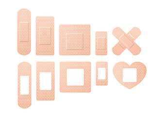 elastic medical plasters. adhesive bandage, called a sticking plaster collection. vector illustratio
