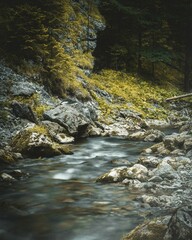 Canvas Print - Long exposure of a stream in a Nature reserve in Kvacany, Slovak Republic, with a rocky shore