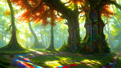 Wall Mural - a fairytale imaginative colourful forest with intricate wall painting on a sunny day - bright colours - sunlight - painting - illustration