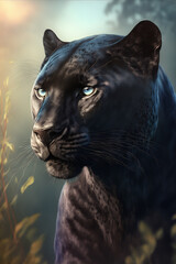 panther, portrait shot, realistic, blurred nature in the background, cinematic light