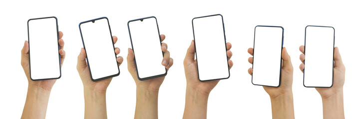 Canvas Print - set of hand holding mobile phone with blank transparent screen and background- png format.
