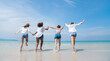 © kelvn - Happy friends at beach party runs together on the beach having fun in a sunny day, Beach summer holiday sea people concept