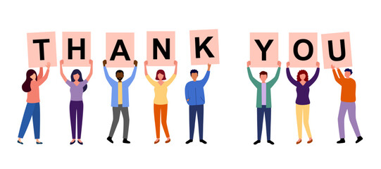 People show thank you message via text sign in flat design on white background.