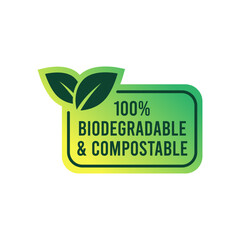 Biodegradable and compostable recyclable vector icon. 100 percent bio recycling package green leaf logo