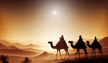Biblical Illustration Series, Nativity Scene Of The Holy Family And Three Wise Men. Christmas Theme.nativity, Jesus Three Wise Men Riding Camel.
