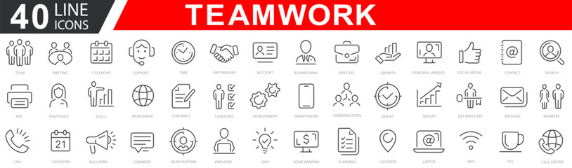 Wall Mural - Business teamwork, team building, work group and human resources minimal thin line web icon set. Outline icons collection. Teamwork, workplace, work, business, employee. Vector illustration