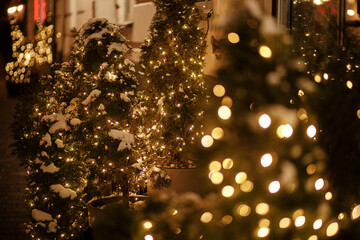 Wall Mural - Stylish christmas tree with lights and snowy branches in evening. Modern christmas decor in city street. Atmospheric winter holidays in Europe. Merry Christmas and Happy Holidays!