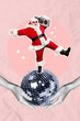 © deagreez - Christmas invitation collage of funky santa claus dancing rock disco ball listen boom box on pink color background