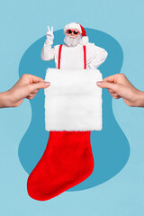 Sticker - Creative photo 3d collage artwork postcard poster brochure of positive santa inside sock show two fingers isolated on painting background