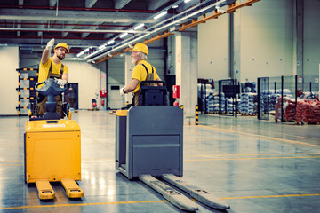 Wall Mural - Warehouse man workers with forklift