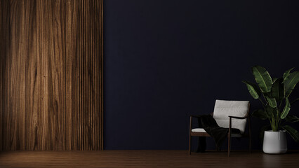 Wall Mural - Dark blue wall with wooden panel in room with armchair and plant in pot, wooden floor, 3d rendering