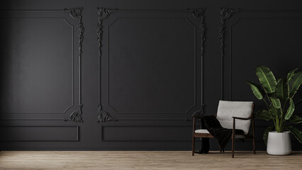 Wall Mural - room with armchair and green plant in pot with black wall with classic style mouldings and wooden fl