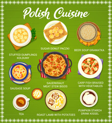 Sticker - Polish cuisine menu. Sausage soup, pumpkin starch drink Kissel and donut Paczki, meat stew Bigos, dumplings Kolduny and roast lamb with potatoes, carp fish braised with vegetables, beer soup Gramatka