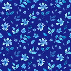  Watercolour blue flowers seamless pattern, hand drawn illustration. Floral on blue background.