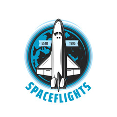 Wall Mural - spaceflights vector icon with spaceship and earth planet. space travel, adventure and galaxy univers