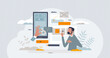 UX design or user experience with website interface and app layers alignment tiny person concept. Effective, responsive and easy creation process for project online management vector illustration.