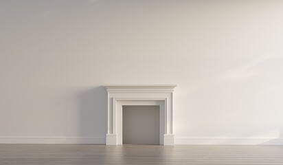 Large traditional fireplace without a fire. Blank walls. Empty mantle piece mockup shelf. 3D Rendering