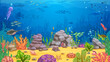 Cartoon underwater landscape, vector background for game with sea bottom, fishes, corals, plants, rock and animals. Tropical ocean floor, marine aquatic scene, undersea game level world