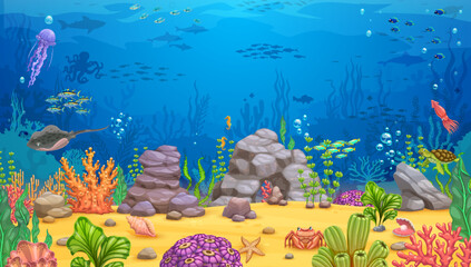 Wall Mural - Cartoon underwater landscape, vector background for game with sea bottom, fishes, corals, plants, rock and animals. Tropical ocean floor, marine aquatic scene, undersea game level world